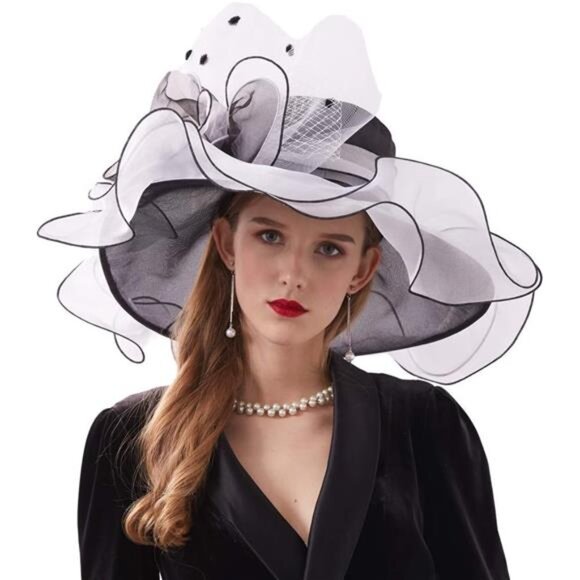 Women Organza Hat, Fascinator Hat Black White - Picture 2 of 7